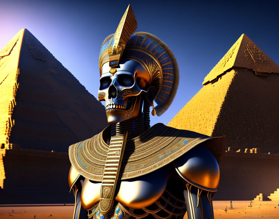 Digital Art: Robotic Egyptian Figure with Gold and Blue Details Against Pyramid Backdrop