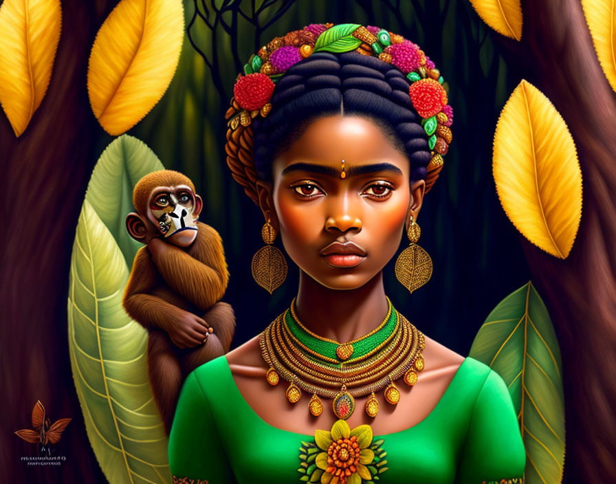 Digital artwork: Woman with floral hairstyles holding monkey in lush forest.