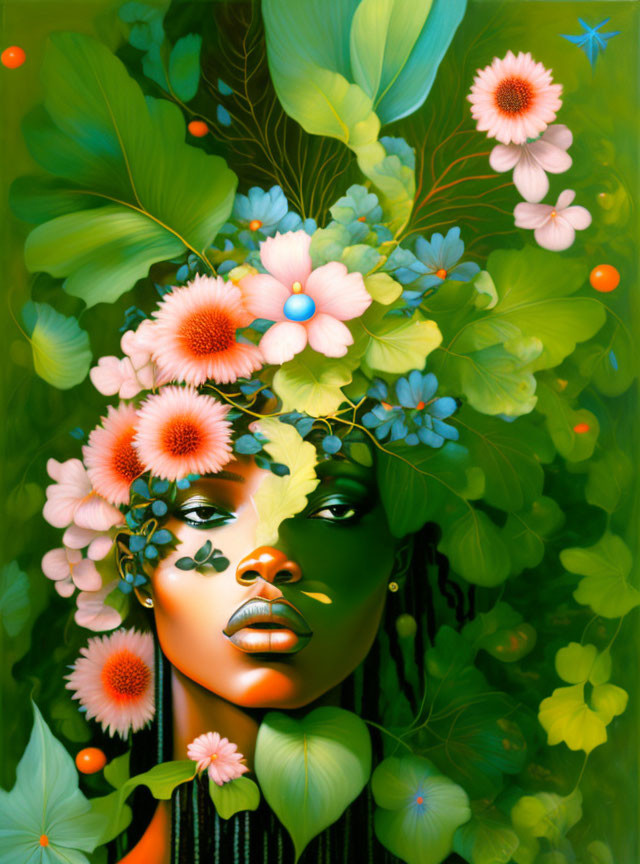 Vibrant green-skinned woman with floral hair in lush setting