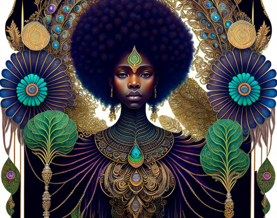 Digital artwork featuring woman with elaborate afro and regal attire, gold and peacock feather motifs.