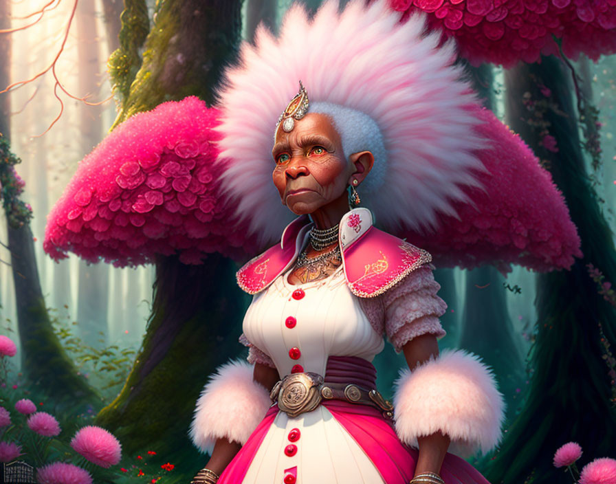 Regal elder woman in pink headdress in mystical forest