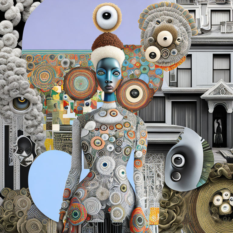 Surreal collage: Blue-skinned female amidst patterns, eyes, Victorian houses