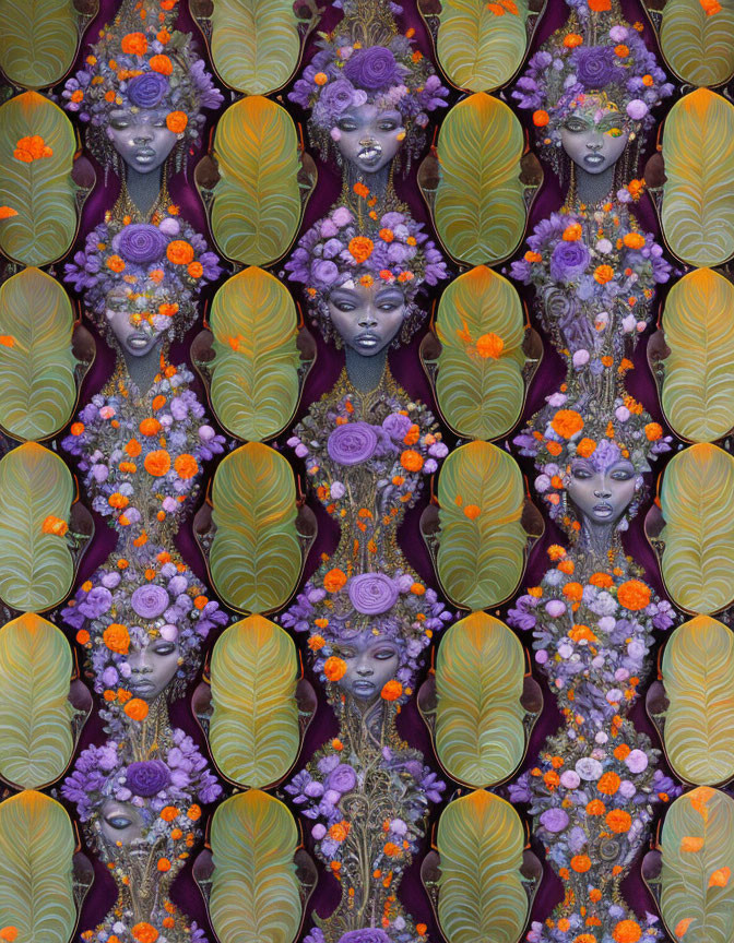 Repeated Female Faces with Purple and Orange Flowers Pattern on Purple Background