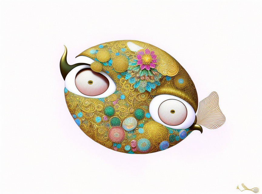 Colorful Fish Illustration with Circular Patterns in Gold and Blue