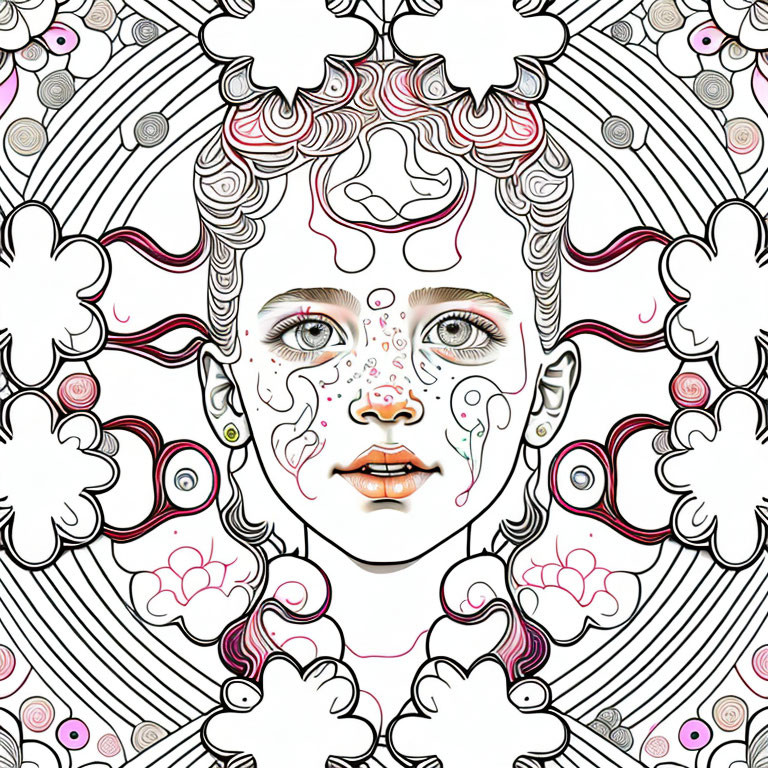 Symmetrical Face Illustration with Abstract Patterns and Colorful Details