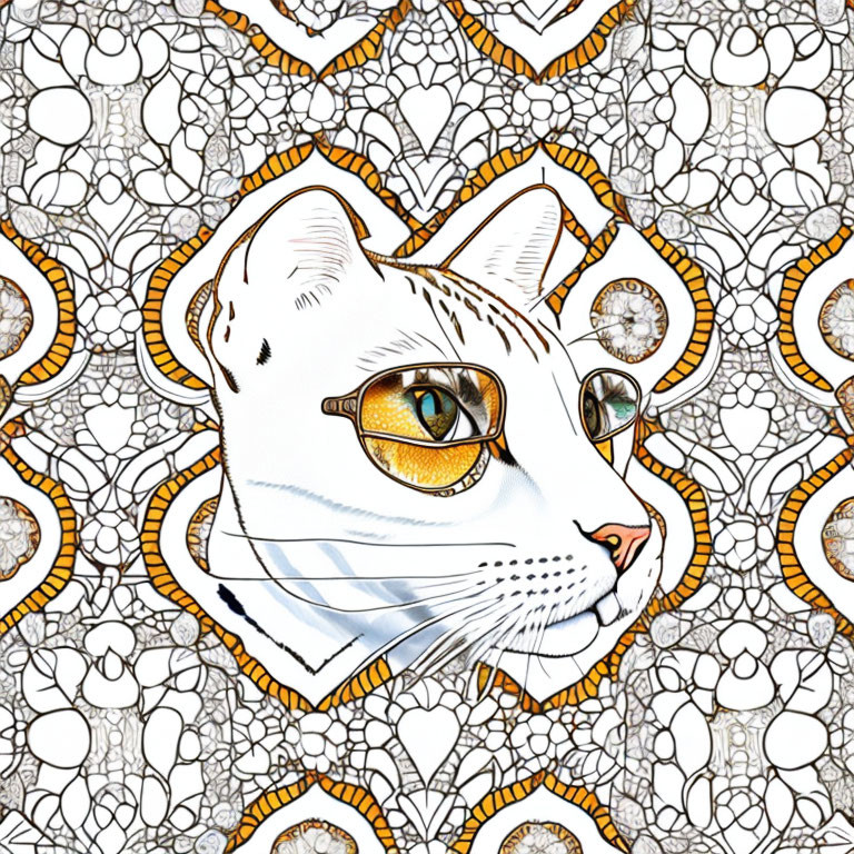 White Cat with Golden Eyes and Glasses on Black and White Patterned Background