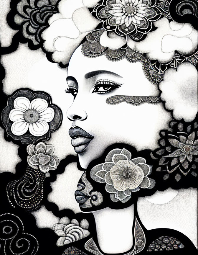 Monochromatic artwork: Woman with floral patterns in hair and intricate designs on face against patterned background