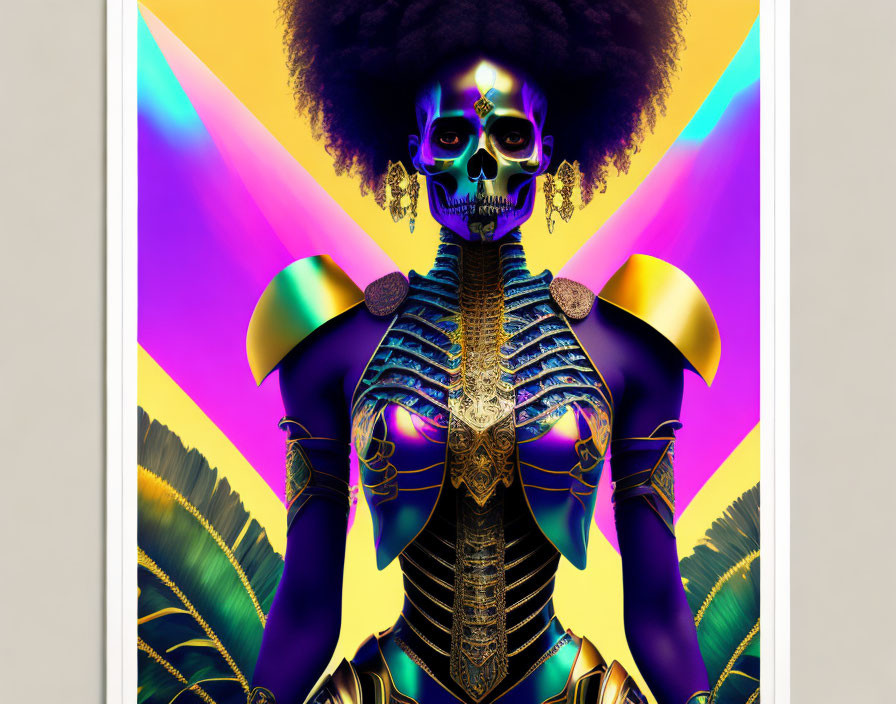 Colorful Skeleton in Afro with Gold Armor on Psychedelic Background