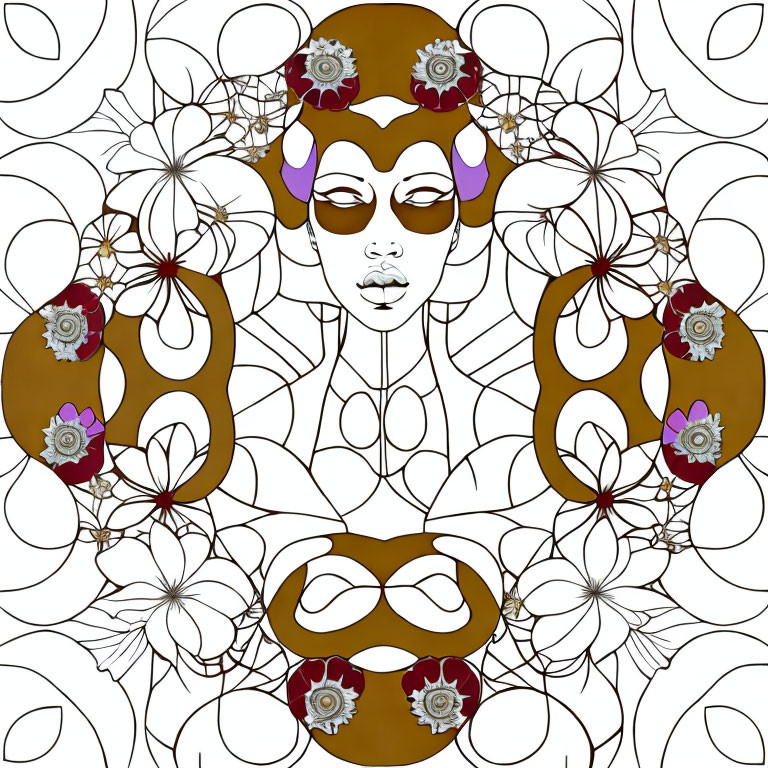 Symmetrical pale female figure with red & gold headpiece in floral pattern design