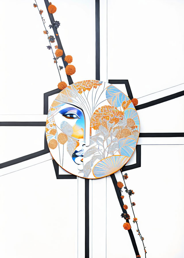 Circular stylized illustration with human-like face, tree branches, orange flowers, white background.