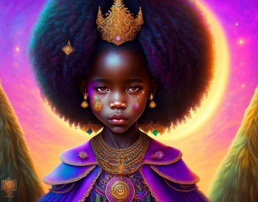 Digital Artwork: Young Girl with Golden Jewelry and Crown on Cosmic Background