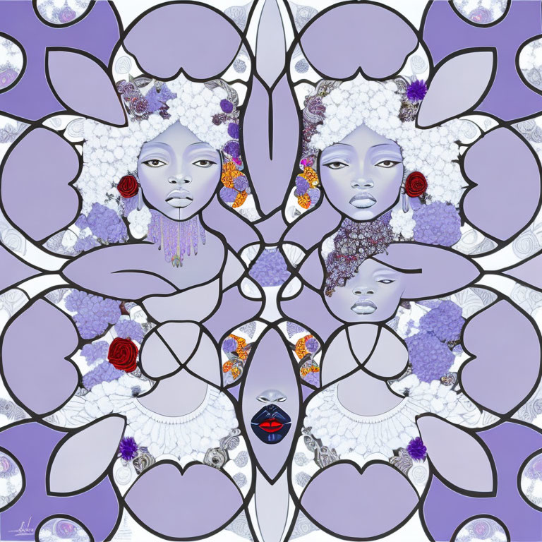 Symmetrical digital artwork of woman's face with floral patterns in purple palette