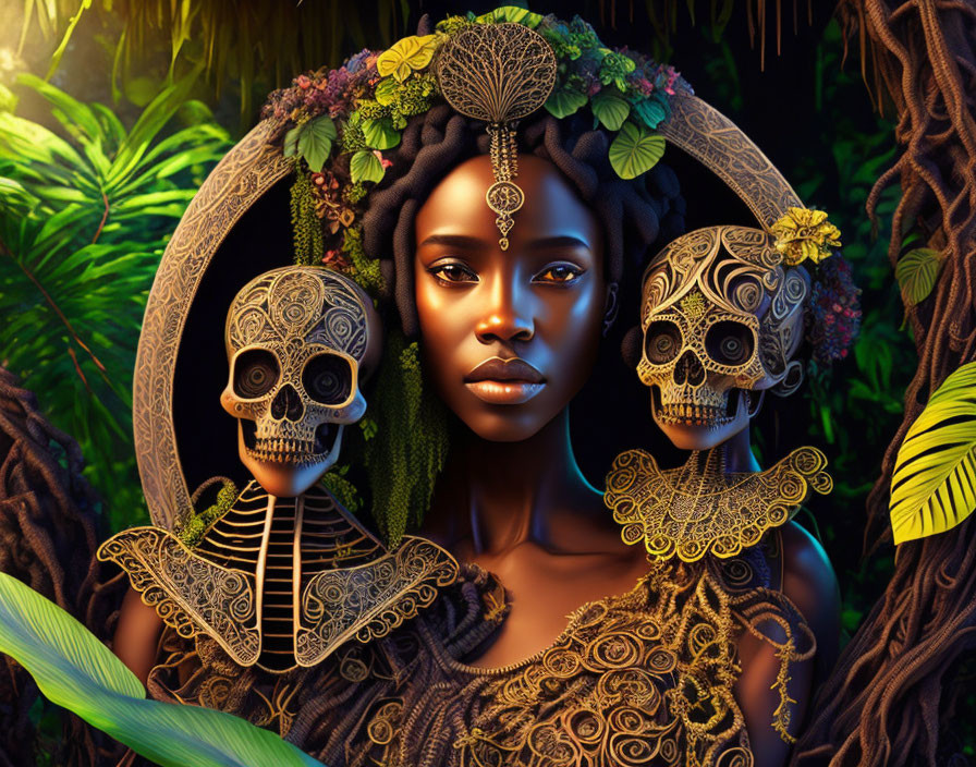 Woman in tribal jewelry with skeletons in jungle scene