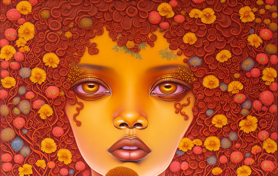 Surreal portrait featuring person with amber eyes and red-orange floral patterns