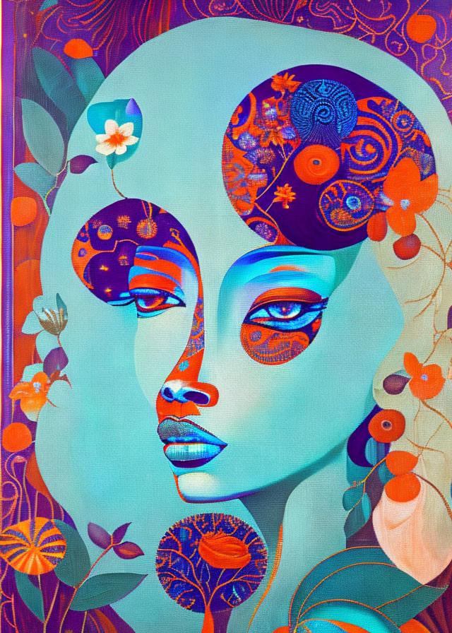 Colorful Stylized Female Face Artwork with Floral and Celestial Patterns