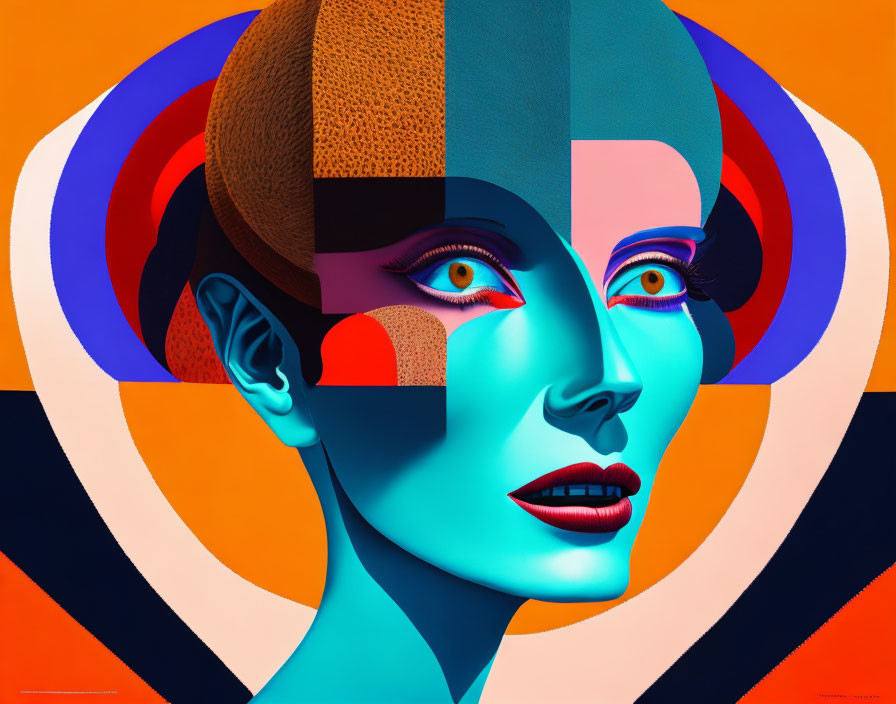 Vivid surreal portrait of female figure with geometric color blocking