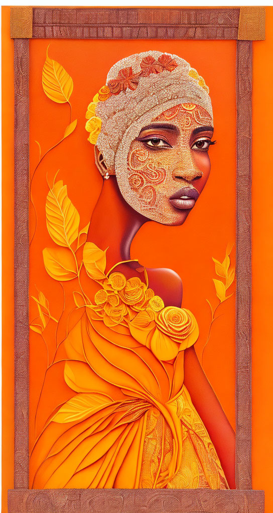 Intricate patterns on woman's face in orange dress with floral elements