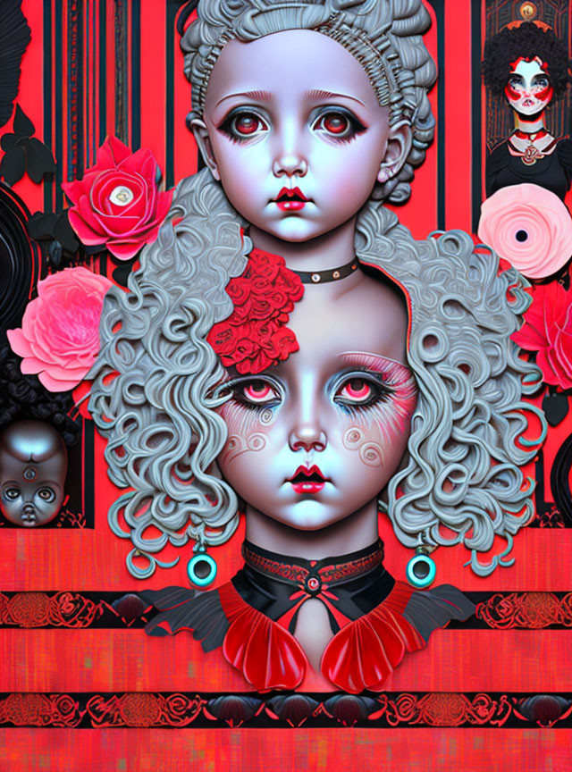 Stylized surreal artwork: figures with porcelain faces and roses on red background