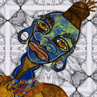 Botanic-themed stylized portrait in blue and golden tones with intricate patterns.