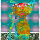 Colorful digital artwork: figures with floral hair against teal background