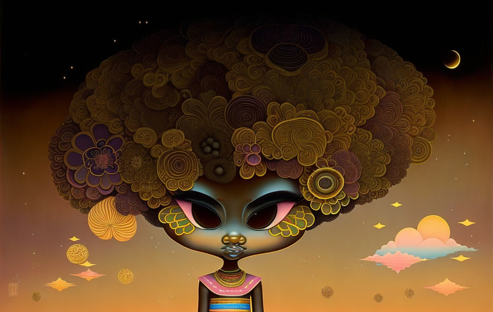 Stylized character with large eyes and floral afro under night sky