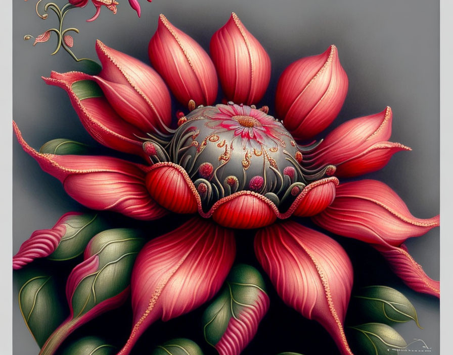 Stylized pink lotus flower digital art on grey background