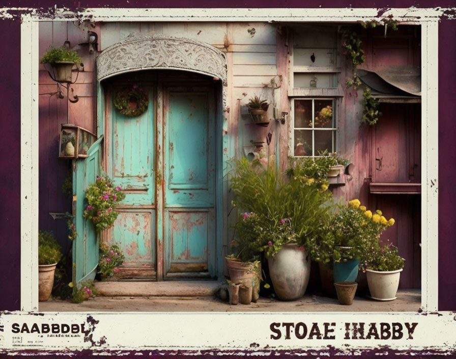 Distressed teal doors with potted plants next to rustic pink wall