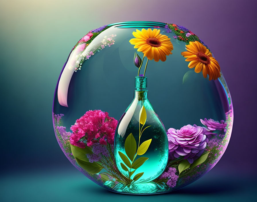 Colorful digital artwork: Transparent bubble with potion bottle and flowers on gradient background