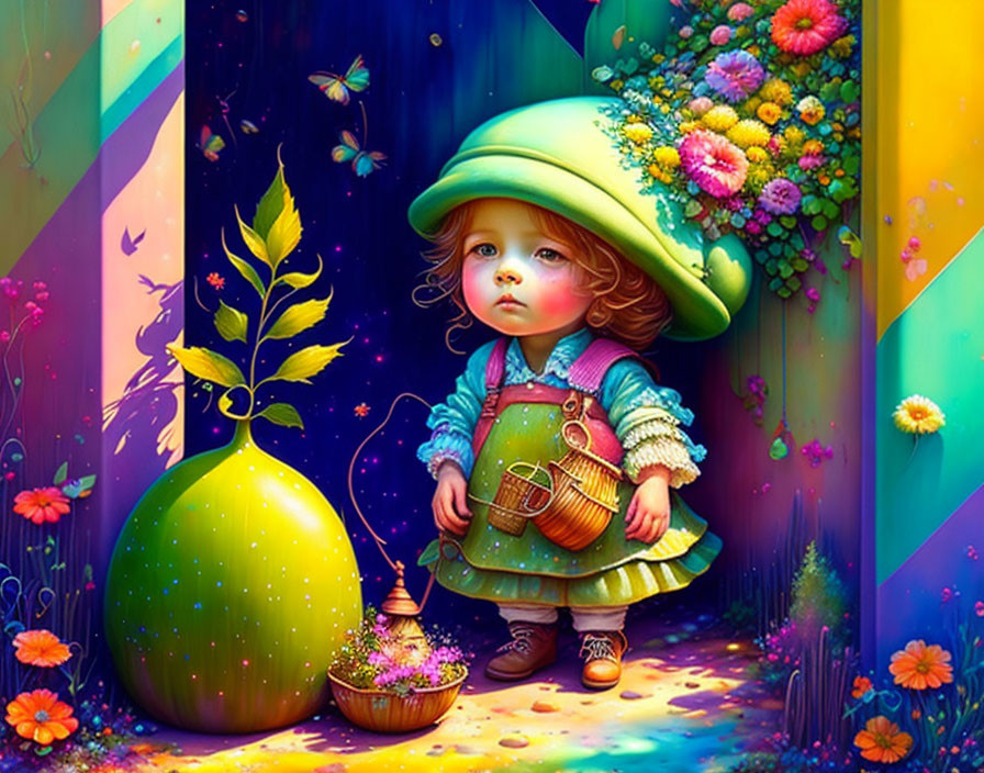 Colorful Illustration of Child with Watering Can and Oversized Pear