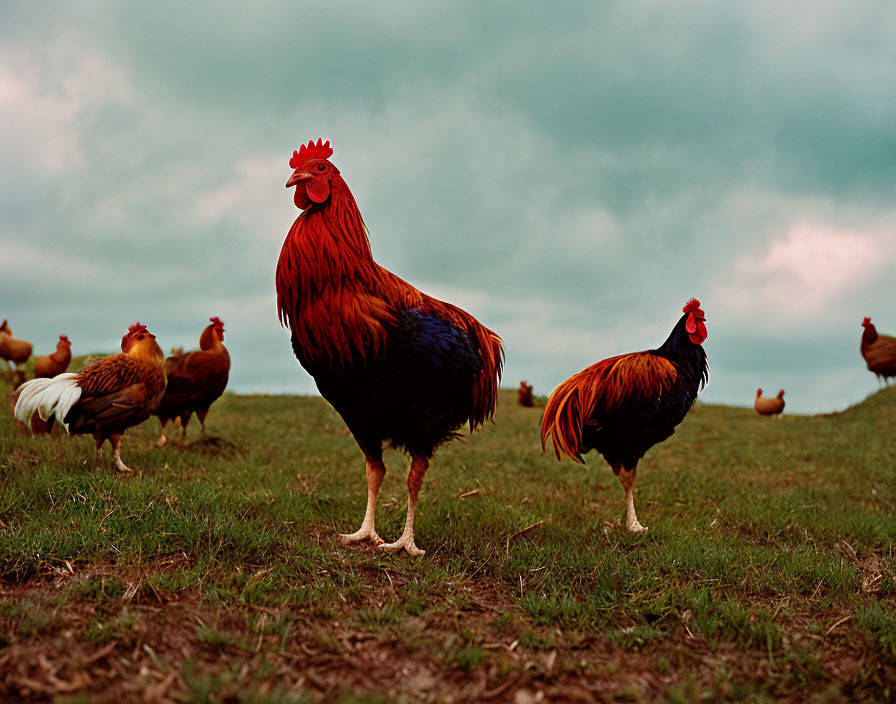 Two Roosters in Field with Chickens Under Cloudy Sky