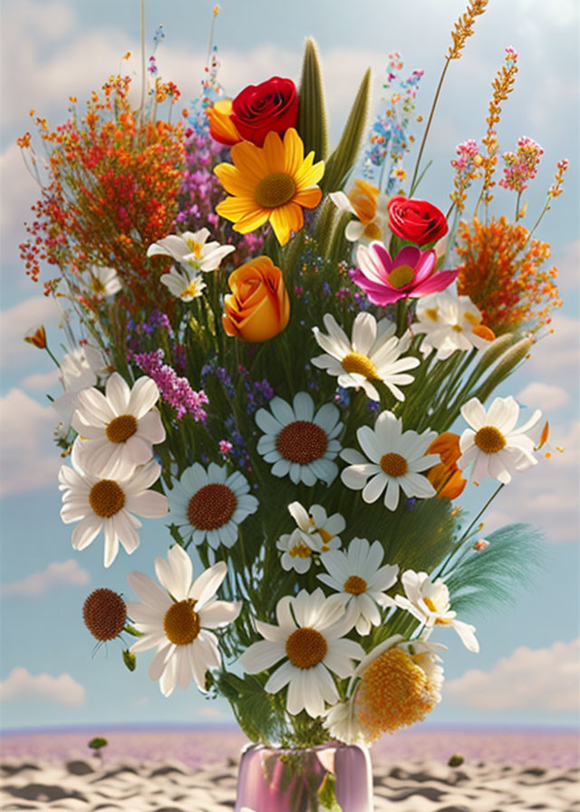 Colorful Flower Bouquet in Pink Vase on Beach Background