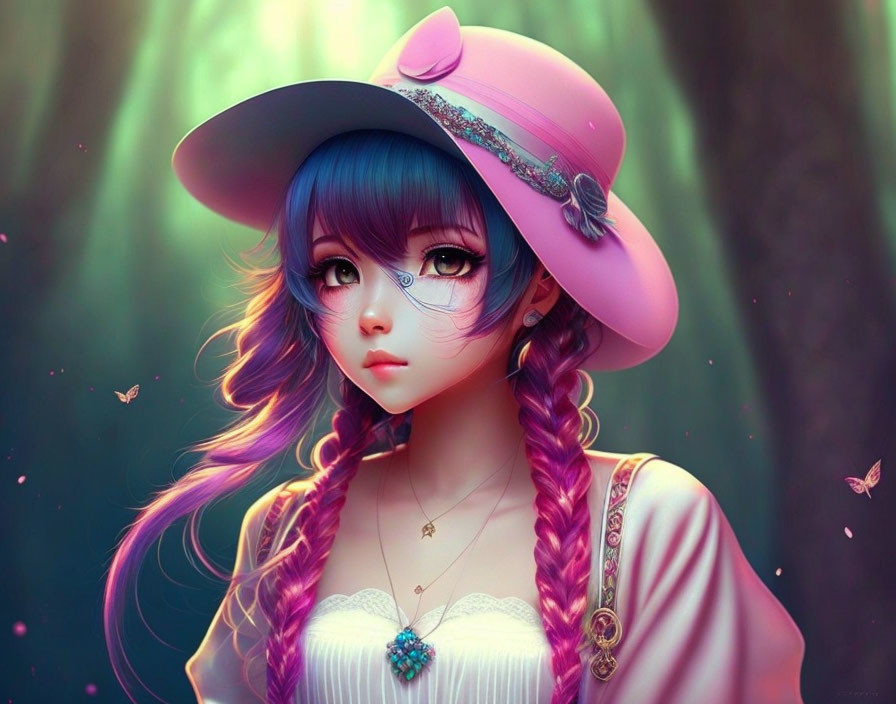 Anime-style digital artwork of girl with blue eyes, long blue hair, pink hat, and butterflies on