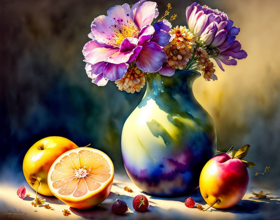 Colorful Flowers and Fruit in Still Life Painting