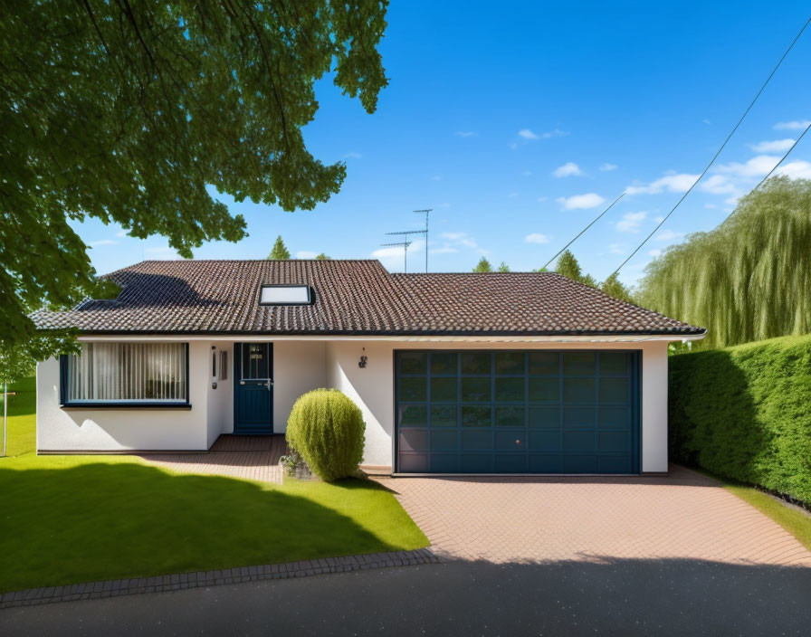 White House with Blue Trim, Large Window, Attached Garage, Manicured Lawn, Trees, Blue