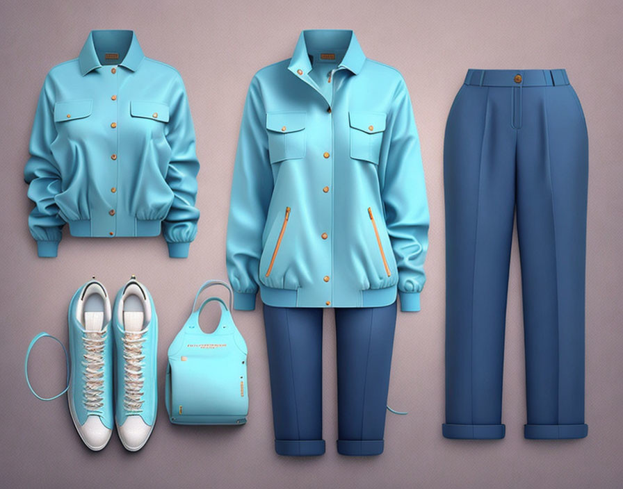 Coordinated Blue Outfit Flat Lay on Purple Background