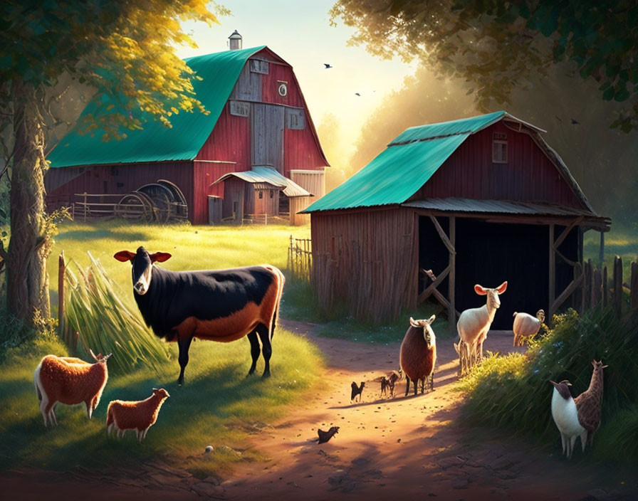 Tranquil farm landscape with cow, sheep, and lambs in sunny setting