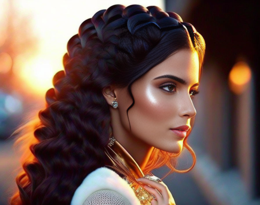 Portrait of woman with intricate braided hair and glowing skin