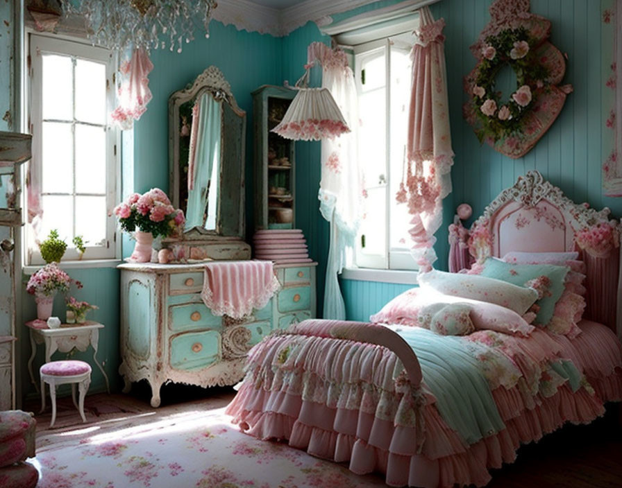 Pastel Blue Vintage Bedroom with Pink Bed and Antique Decor