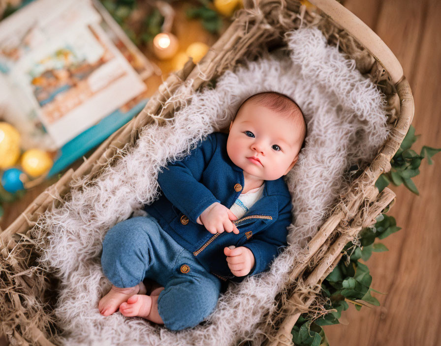 Blue onesie baby in cozy basket with fairy lights and storybook