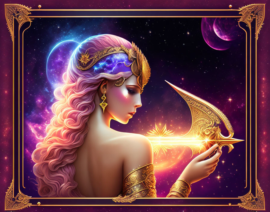 Illustrated portrait of a woman with cosmic features and glowing crescent object in decorative golden frame on star