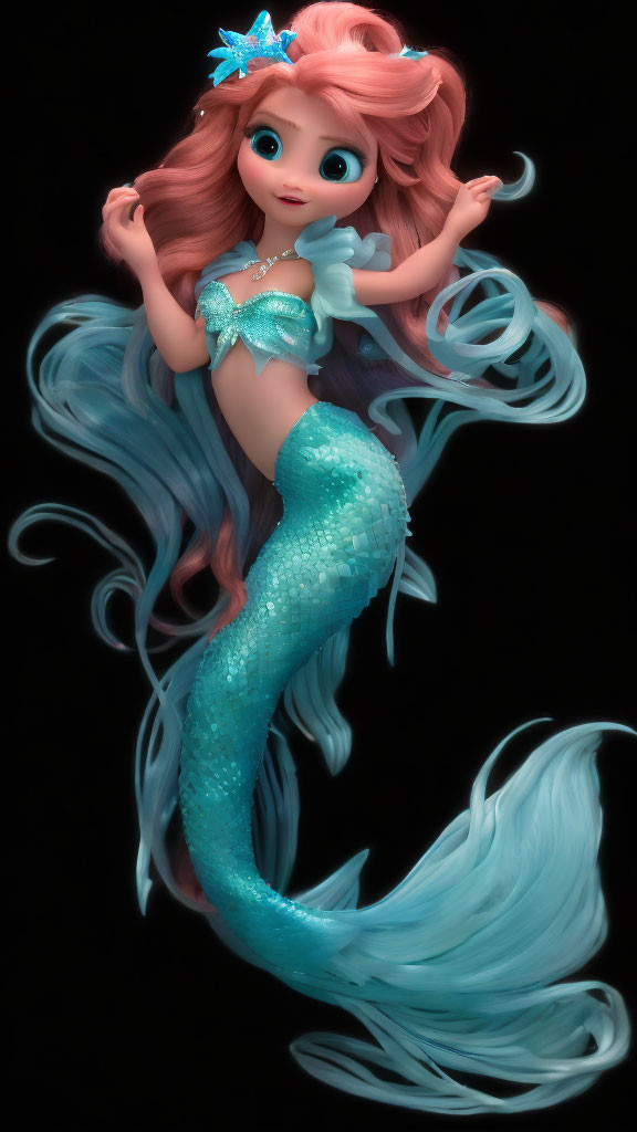 Whimsical mermaid with pink hair and blue tail against dark background