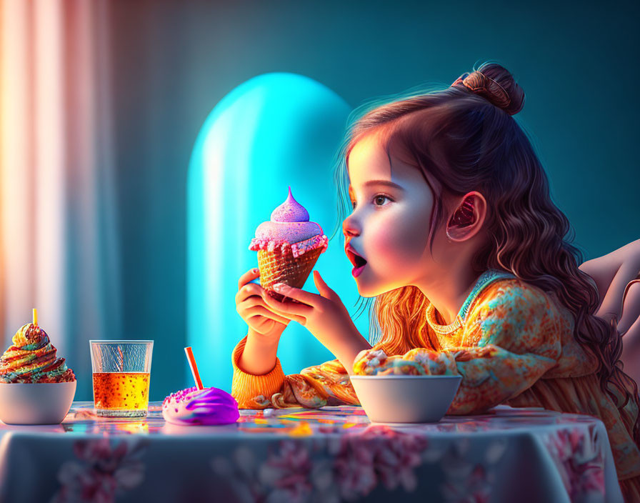 Young girl with bun hairstyle mesmerized by glowing ice cream cone in whimsical room