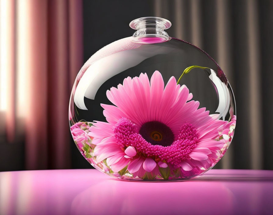 Pink Gerbera Daisy and Flowers in Glass Vase on Purple Surface