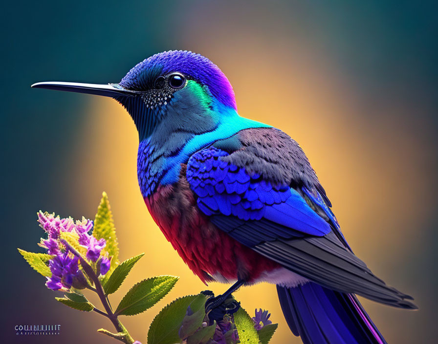 Colorful hummingbird perched on branch with pink flowers against golden backdrop