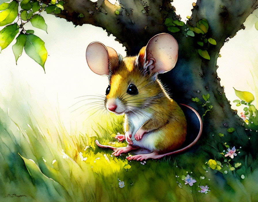 Colorful Illustration: Cute Mouse Under Tree with Flower