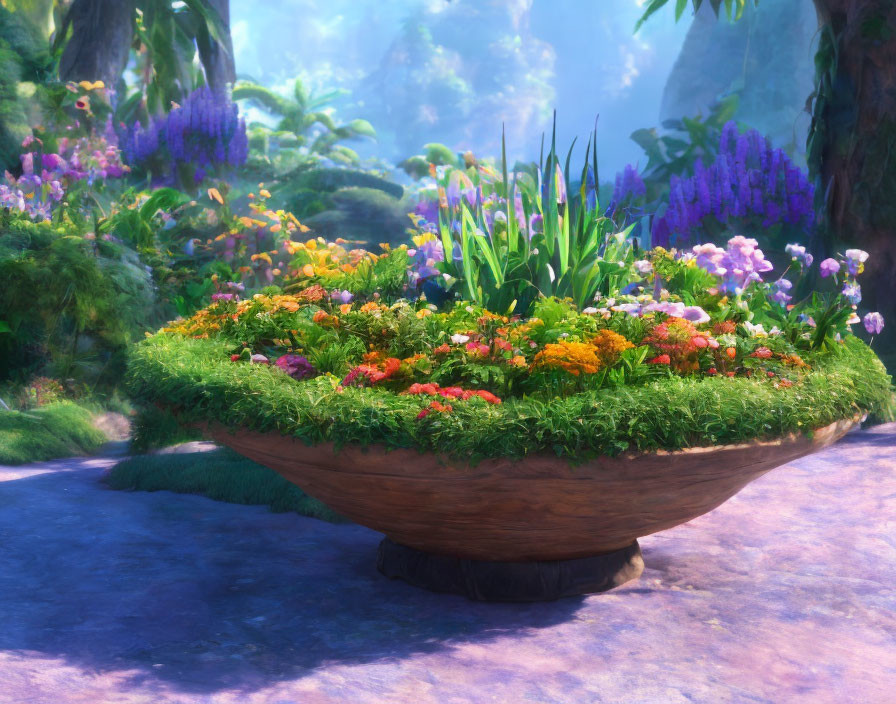 Colorful Flowers in Oversized Flower Pot Amid Mystical Forest