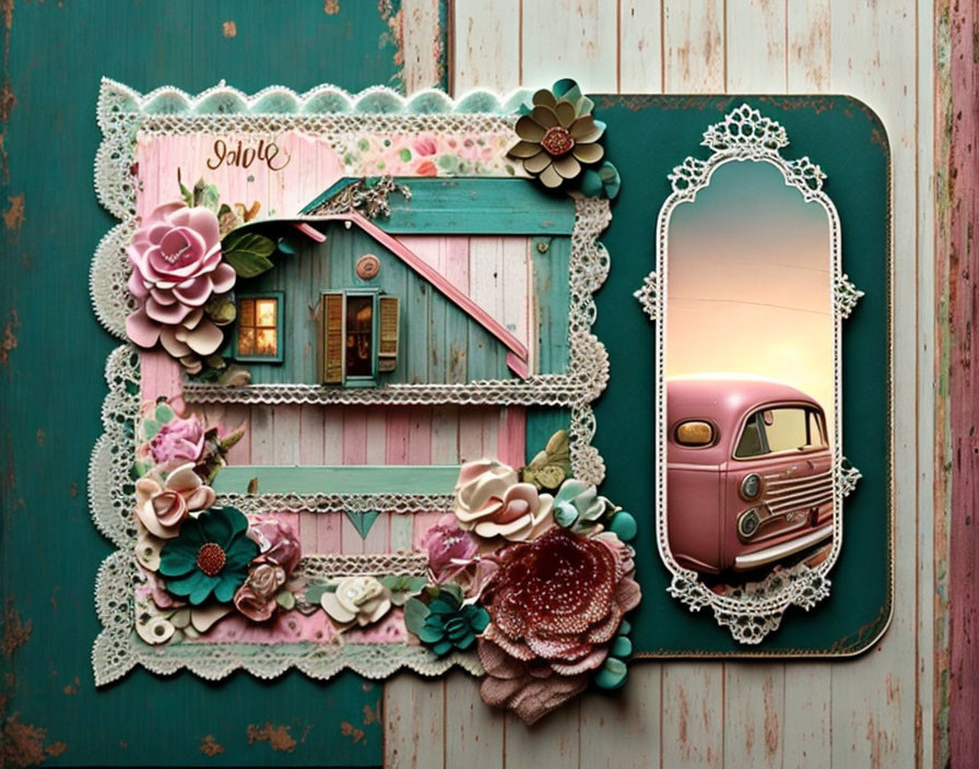 Vintage scrapbook page with lace, paper flowers, house window, sunset, and pink car