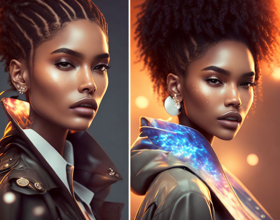 Futuristic digital art: Woman with braided hair, glowing makeup, and luminous jacket on