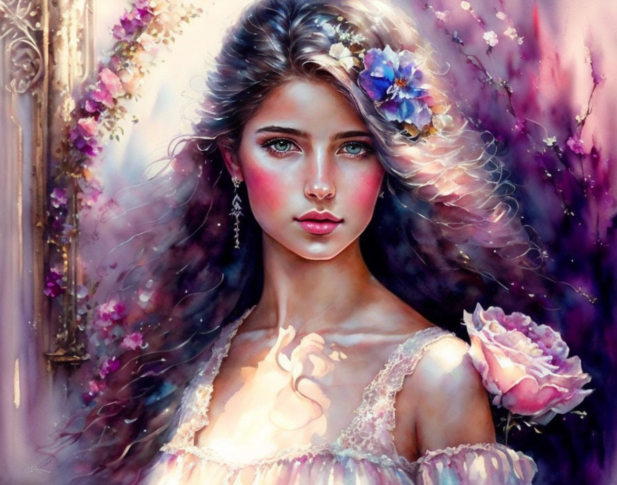 Fantasy portrait of woman with blue eyes in floral accents on purple background