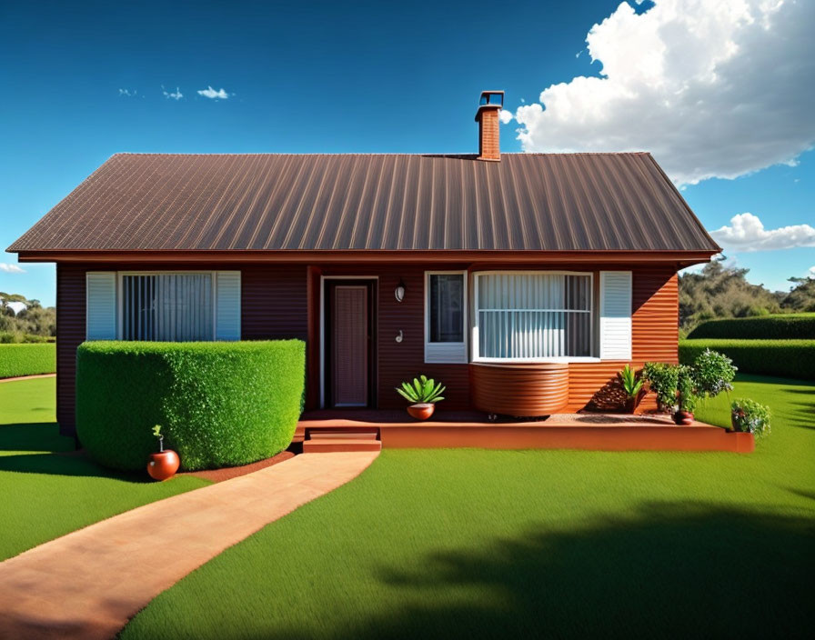 Single-story house with reddish-brown roof, white walls, bay window, green lawn, and